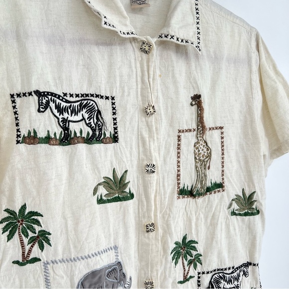 VTG New Directions Safari Print Embroidered Button Shirt Large Linen Cotton - Picture 3 of 16